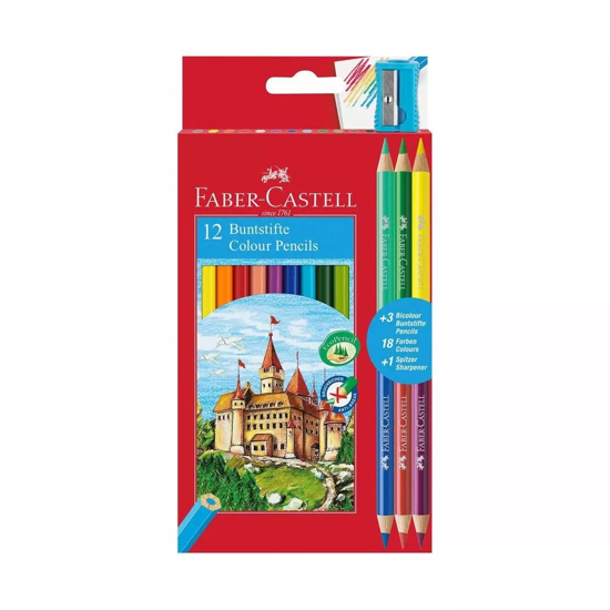 Εικόνα της Ξυλομπογιές Faber Castell σετ 12τεμ + 3 Δώρο + Ξύστρα